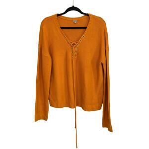 Charlotte Russe Lace Up Sweater Women XL Orange Knit V-Neck Long Sleeve Pullover